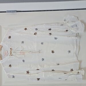 NWT Rococo Sand Astral White Tie Front Sequin Star Blouse Size Large